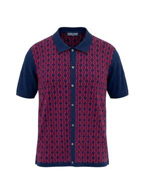 PJ Paul Jones Men's Knit Polo Shirt XL Blue Red Geometric Button Up Retro EUC